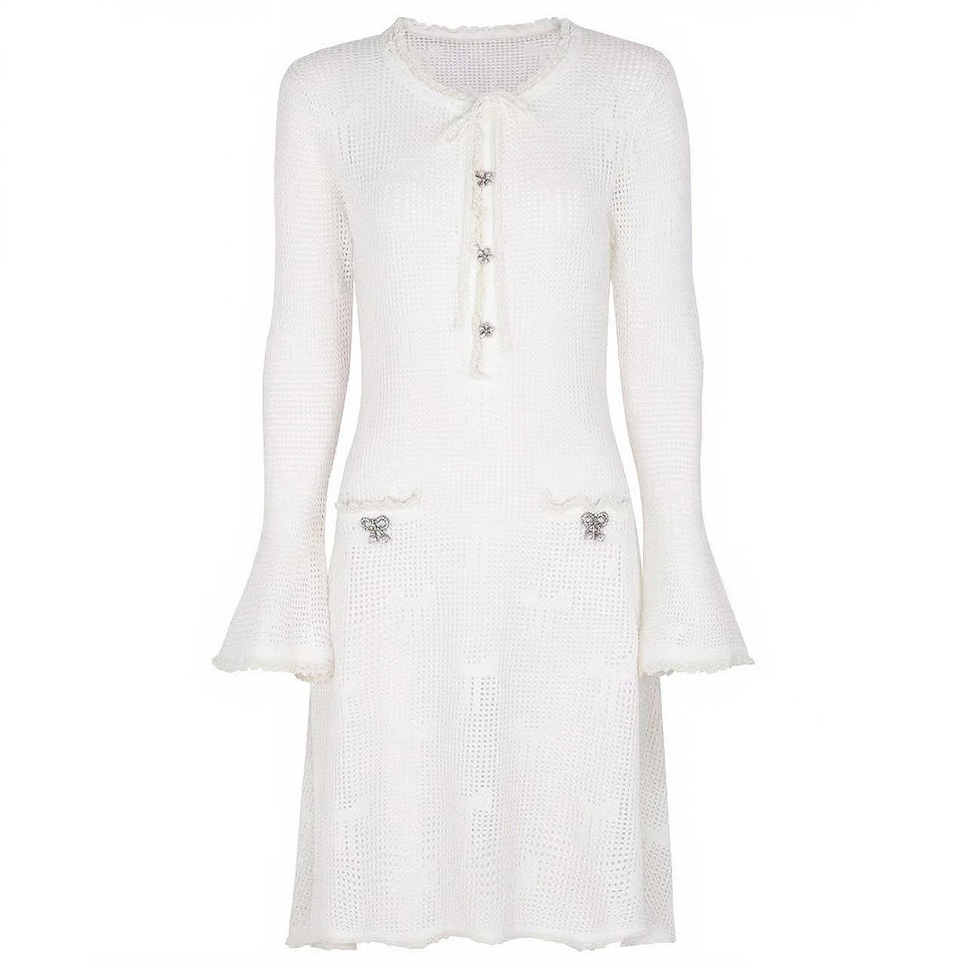 crochet flare-sleeve dress with bow-tie neckline – CELINERTA