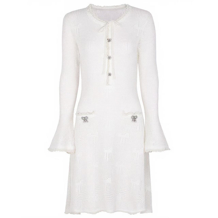 crochet flare-sleeve dress with bow-tie neckline – CELINERTA