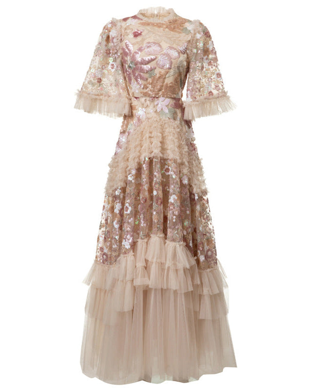 embroidered layered tulle dress with flounce hem - MAELZE