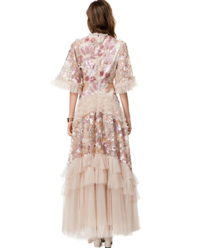 embroidered layered tulle dress with flounce hem - MAELZE