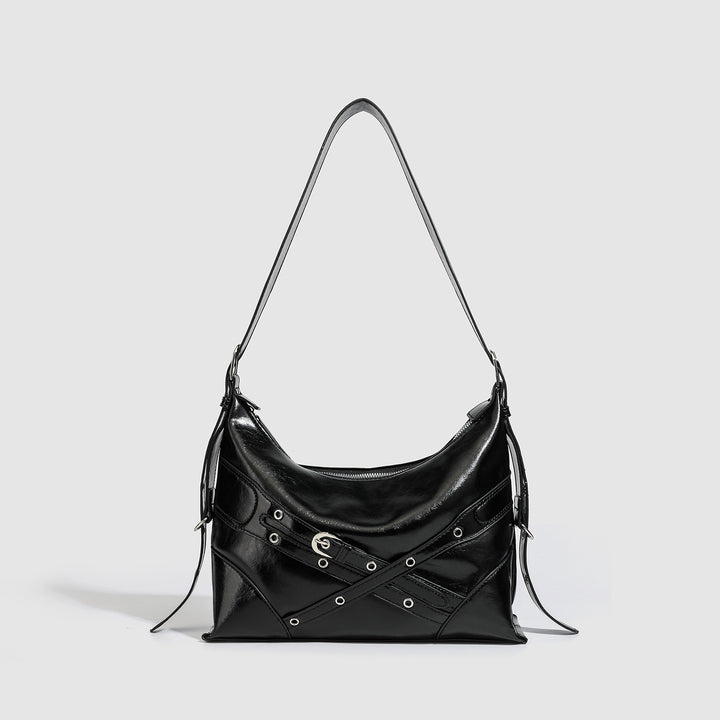 Black Buckle Strap Shoulder Bag - Street