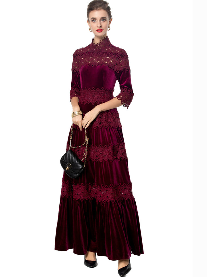 velvet maxi dress with lace panels and high neck – RUBINA