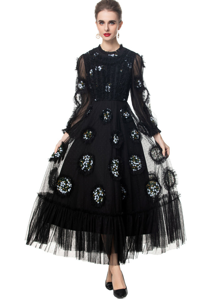 embellished tulle gown with sheer sleeves and crystal appliqués – MIDNIGHT