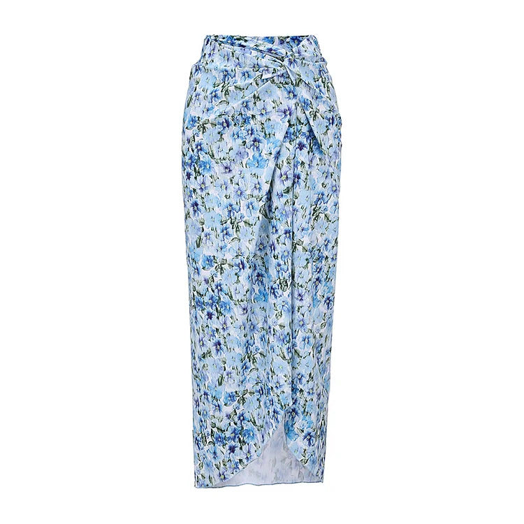 floral rose-detail strapless swimsuit with wrap maxi skirt – BLUE