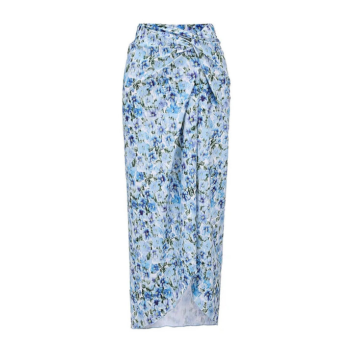 floral rose-detail strapless swimsuit with wrap maxi skirt – BLUE