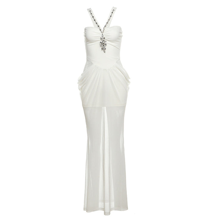 sheer mesh maxi dress with embellished neckline – IVORY