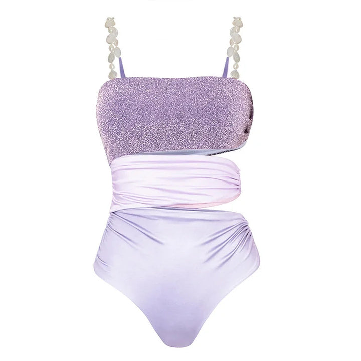 shimmer bandeau one-piece with ruched wrap skirt – LAVENDER