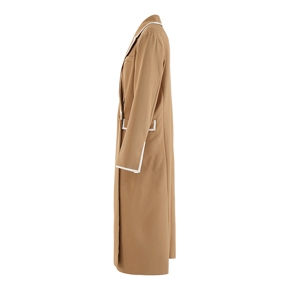 double-breasted long tailored coat with contrast piping – CAMILLE