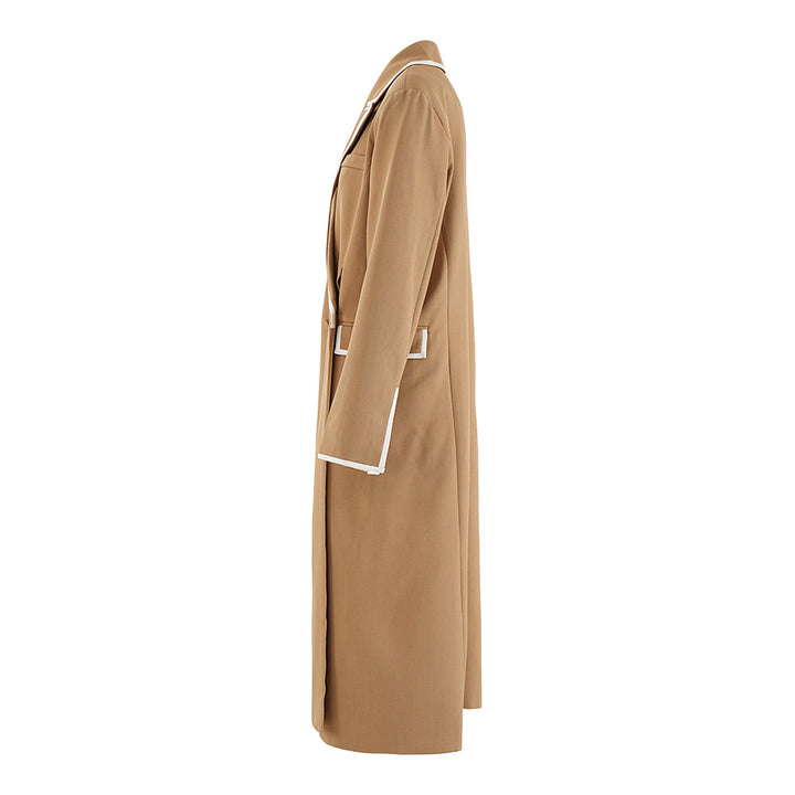 double-breasted long tailored coat with contrast piping – CAMILLE