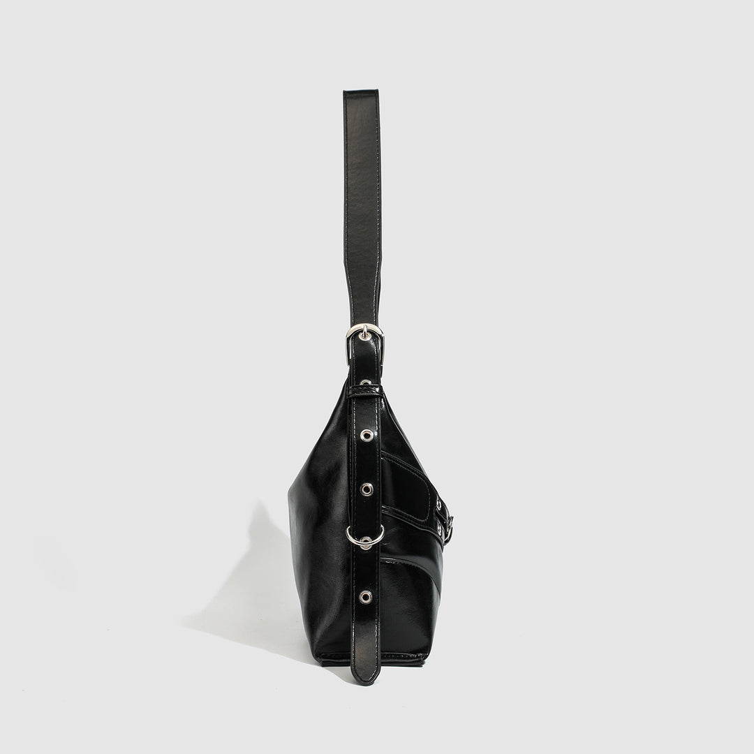 Black Buckle Strap Shoulder Bag - Street