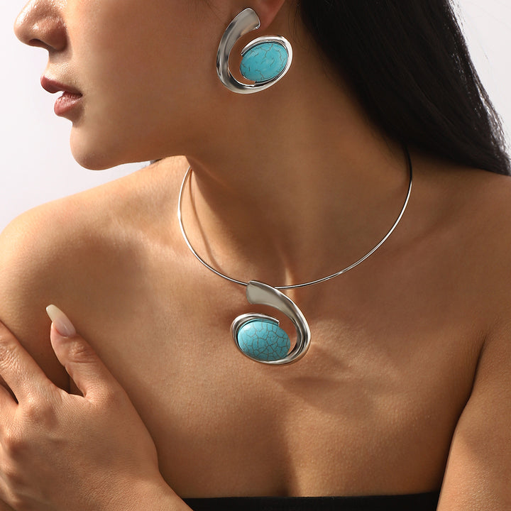 silver-tone necklace and earrings set with turquoise stone accents - NAYLAZI