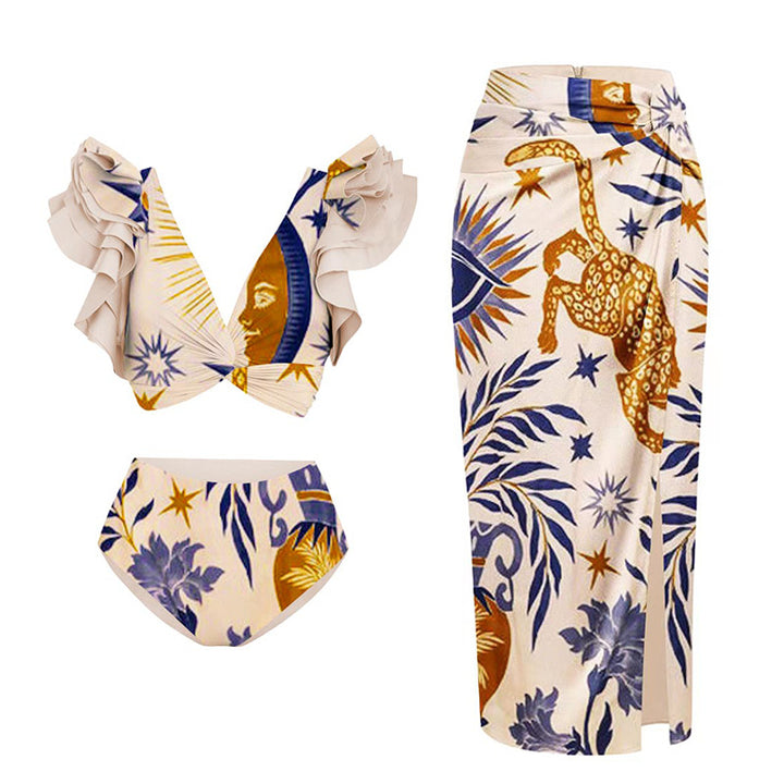 ruffle sleeve wrap bikini with printed sarong skirt set – SAFARI