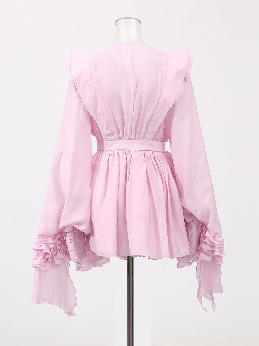 ruffled chiffon mini dress with waist tie – ROSALIE