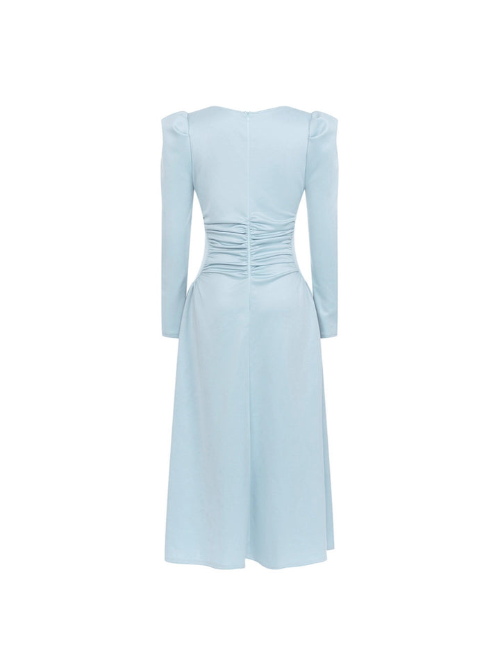 Long-sleeve square-neck midi dress with ruched waist – LUNEA