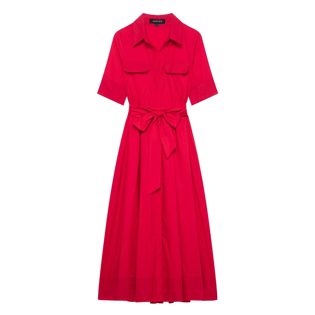 Elegant Belted Maxi Shirt Dress - Scarlet