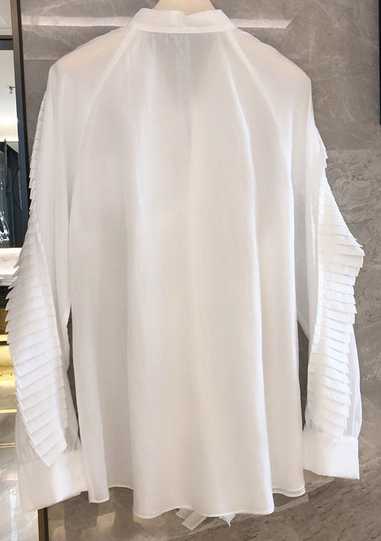 Elegant Pleated Panel White Shirt Statement Long Sleeve Blouse-SERAB