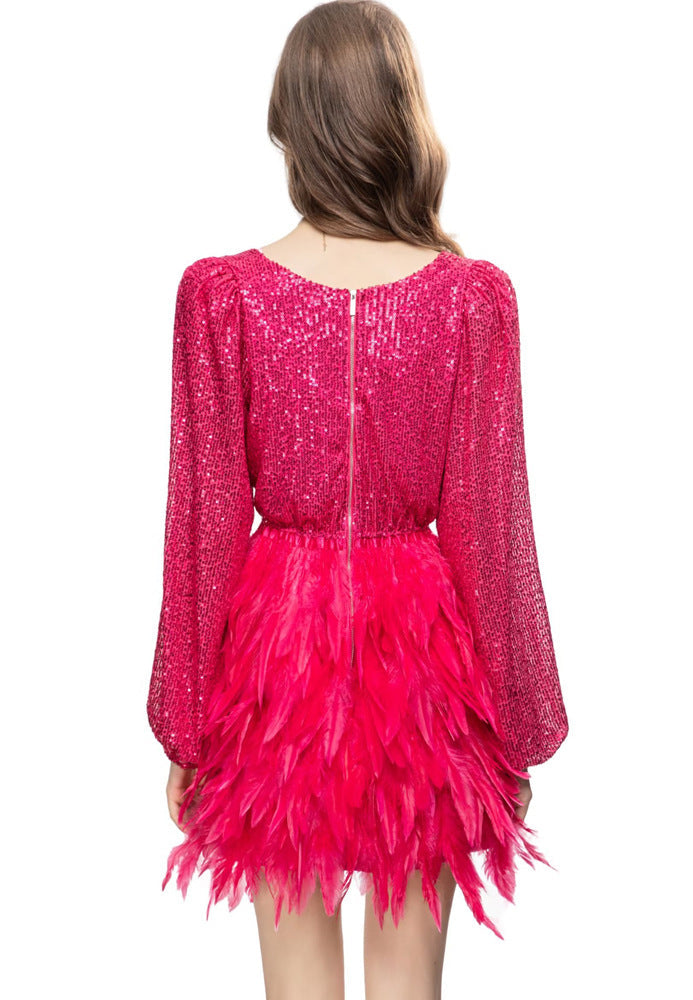 long sleeve sequin mini dress with feathered skirt - SORAYDA