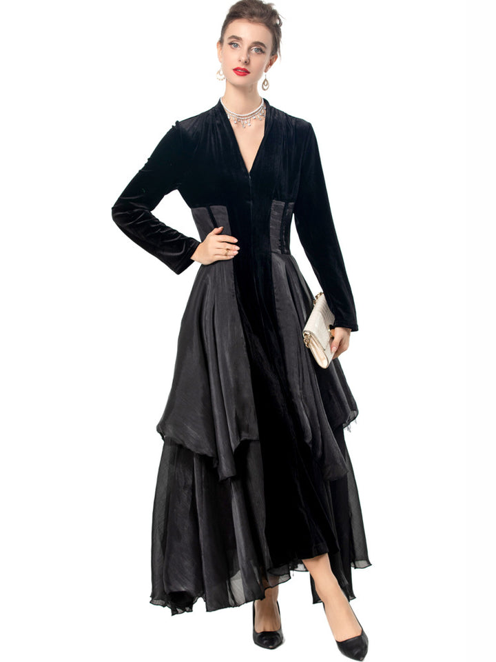 velvet and organza layered gown with plunge neckline – NOLSI