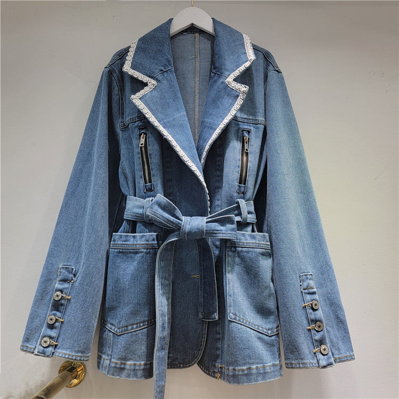 belted denim trench-style jacket with lace trim – ARIA