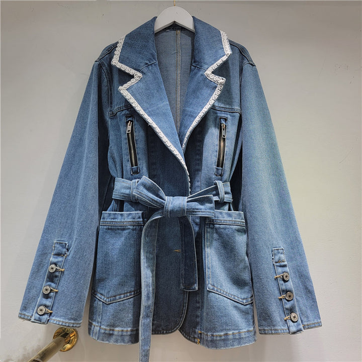belted denim trench-style jacket with lace trim – ARIA