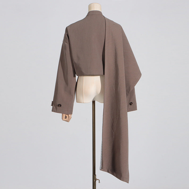asymmetric cropped jacket with draped overlay – RHEA