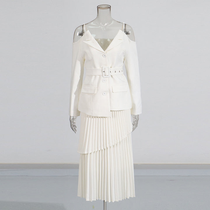 Off-shoulder belted blazer with pleated skirt - Atiju
