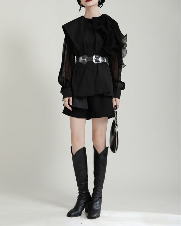 Ruffled shoulder shirt dress with belt - Vinky