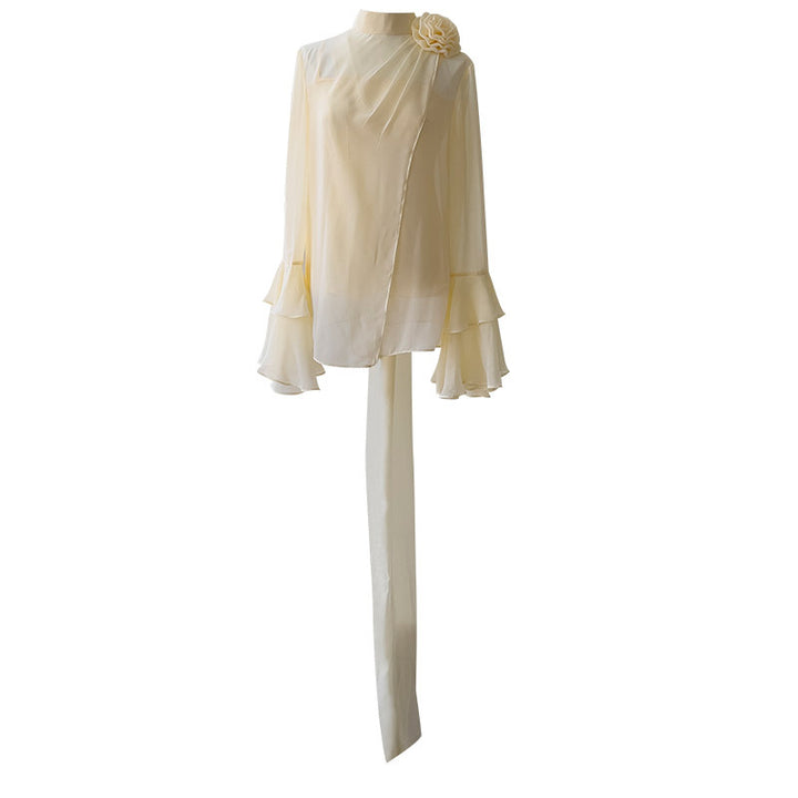 long sleeve chiffon maxi dress with layered flared cuffs and floral shoulder detail – AHMEDO