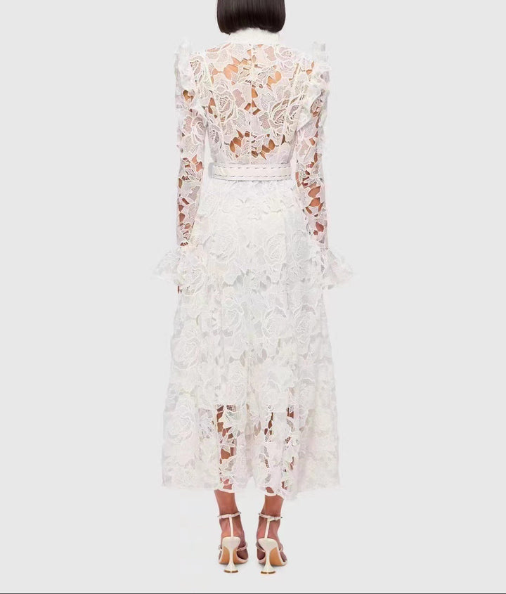 long-sleeve lace midi dress with ruffled shoulders – IVORIE
