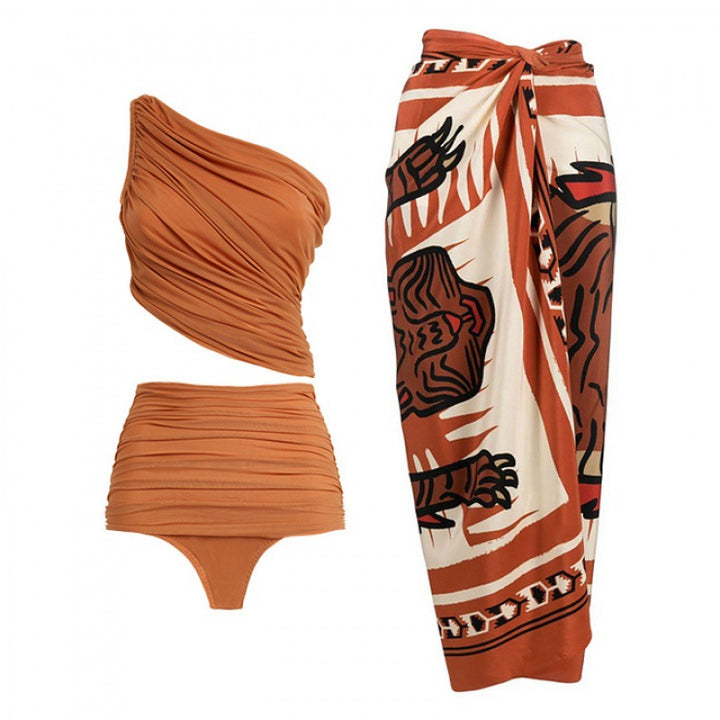 ruched one-shoulder bikini set with printed wrap sarong – DESERT
