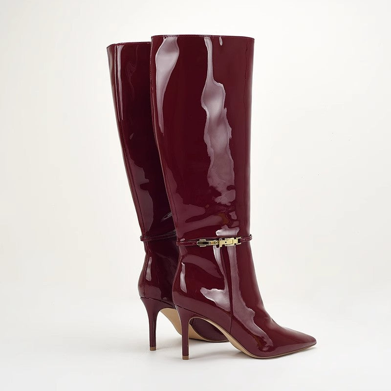 patent leather knee-high boots with gold buckle – VERA