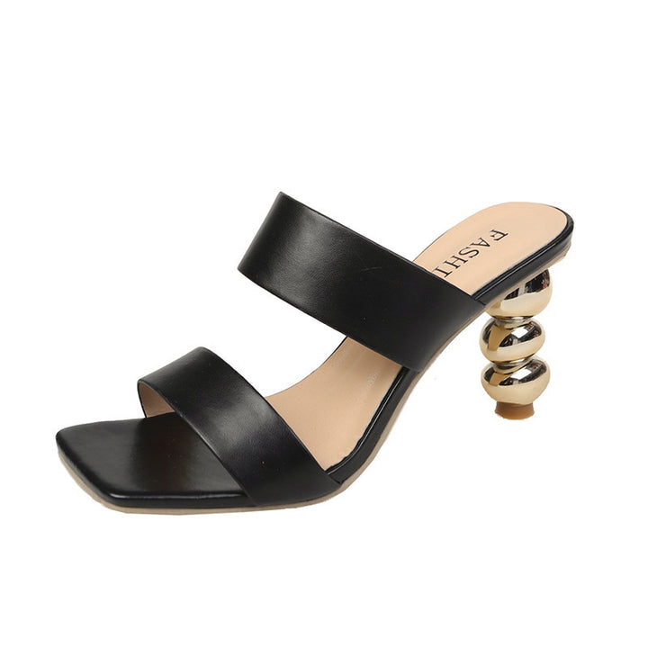 double strap mule sandals with sculpted metallic heel - FIORAZU
