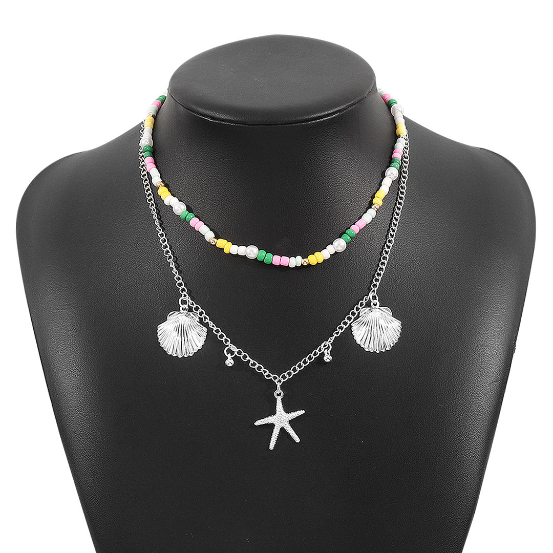 beaded layered necklace with starfish and shell charms - CORALIANA