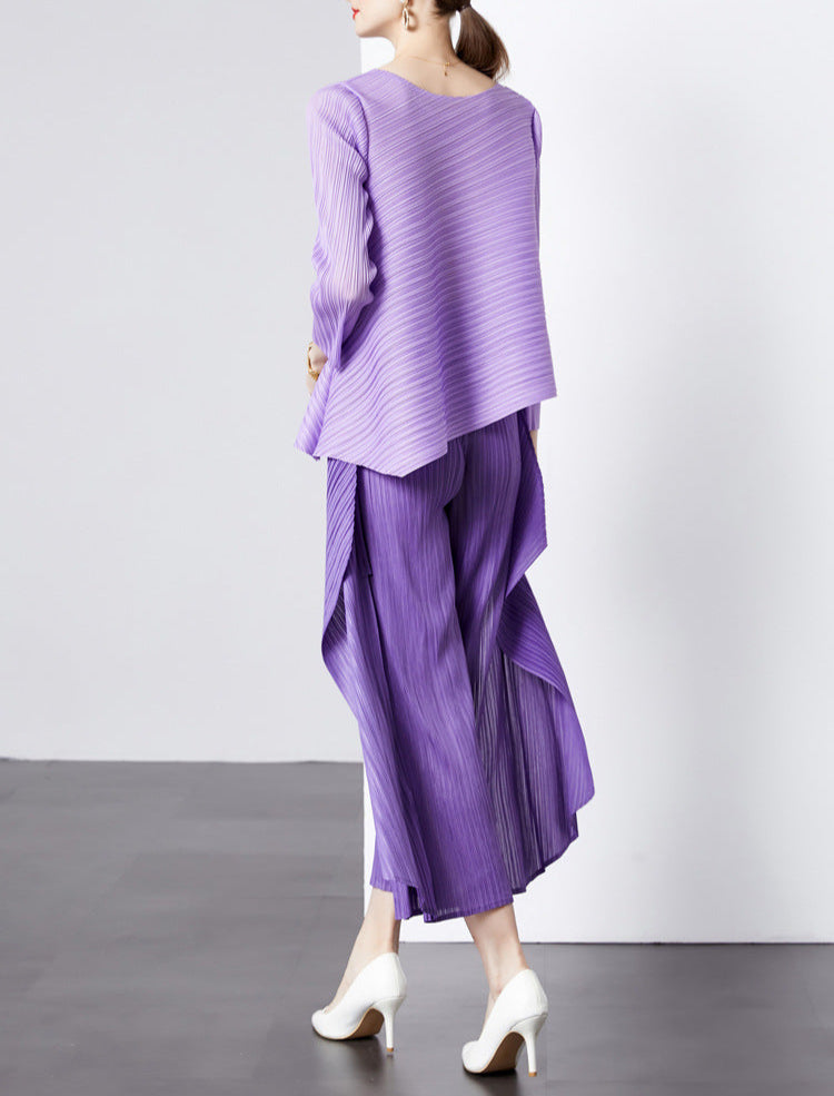 asymmetrical pleated top and wide-leg pants set - TERZA