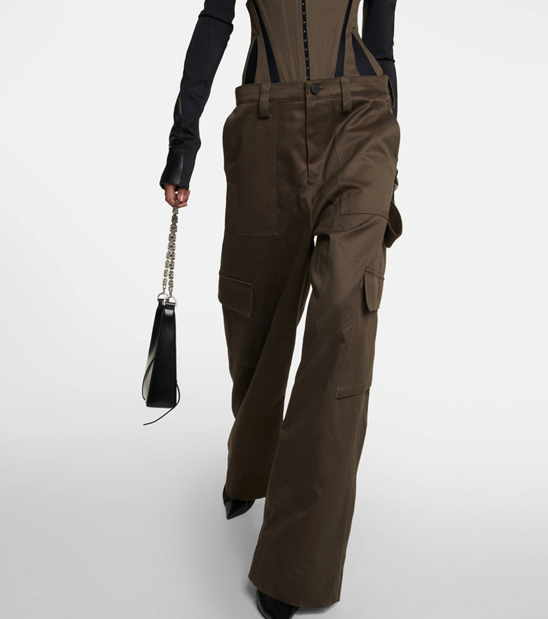off-shoulder leather corset top with cargo pants – Felicitas
