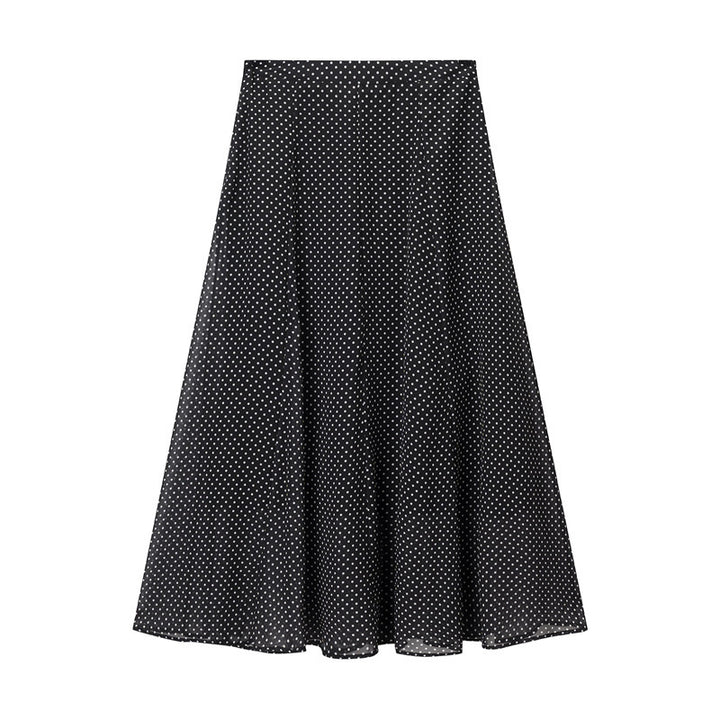polka dot blouse and flowing midi skirt set with tie-neck – NOIR