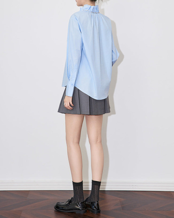 long-sleeve blouse with ruffled tie neckline – ESMÉZA