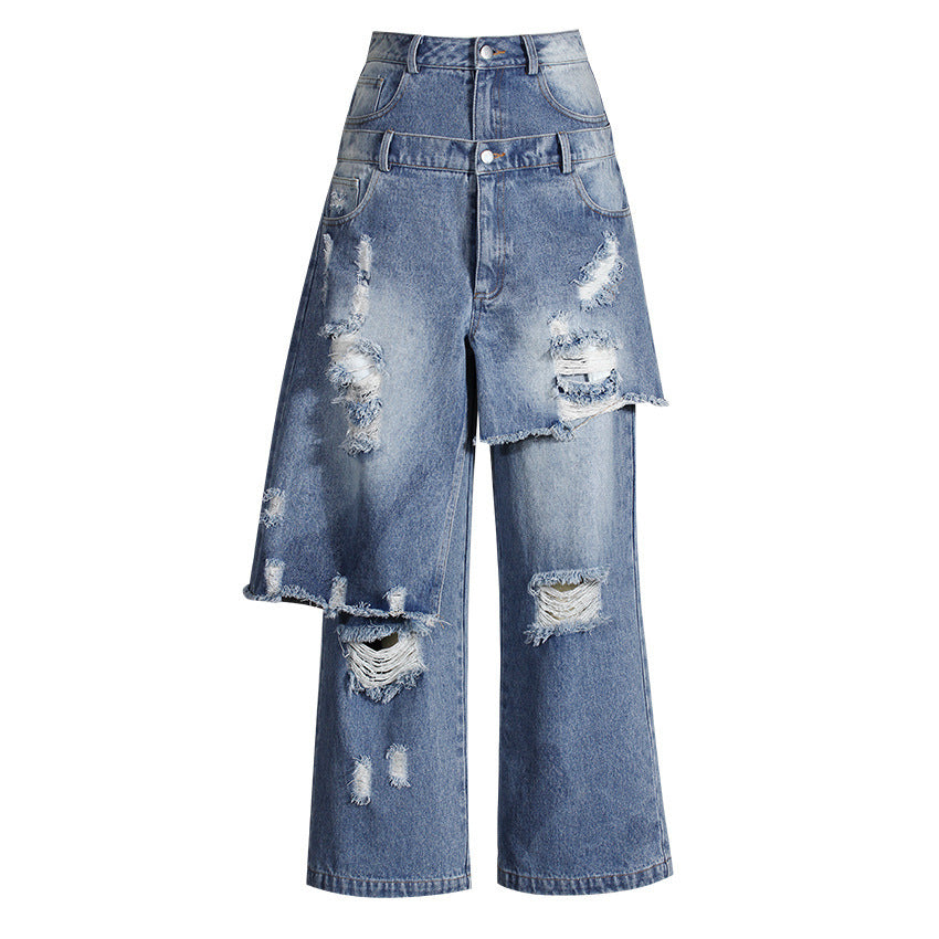 layered distressed wide-leg denim pants – NOVA