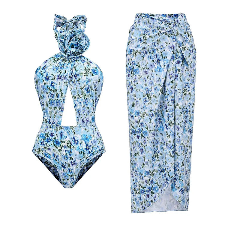 halter floral cutout swimsuit with wrap maxi skirt – AZURE