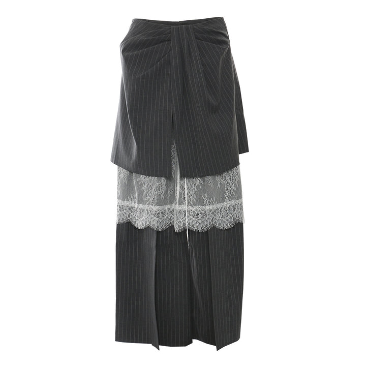Layered pinstripe wide-leg trousers with lace detail – VELVET