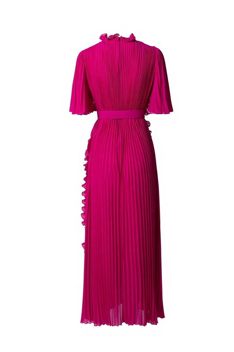 Pleated ruffle-trim maxi dress with belt – VERDENA