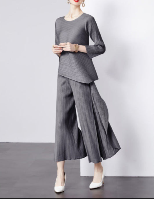asymmetrical pleated top and wide-leg pants set - TERZA