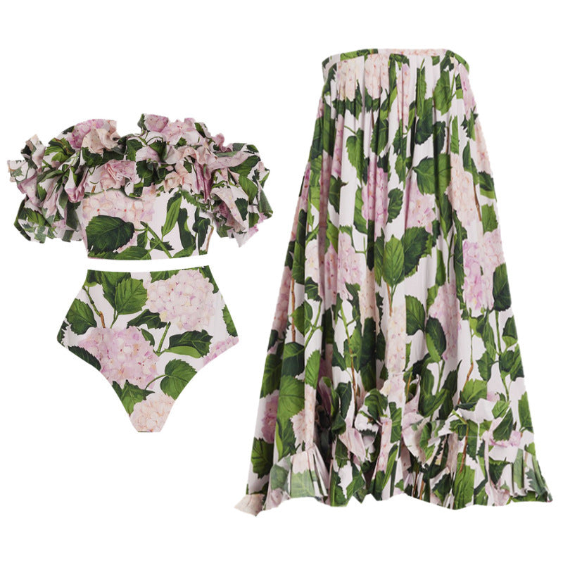 off-shoulder floral ruffle bikini set with maxi skirt – GARDEN