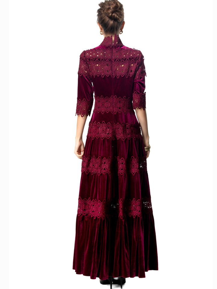 velvet maxi dress with lace panels and high neck – RUBINA