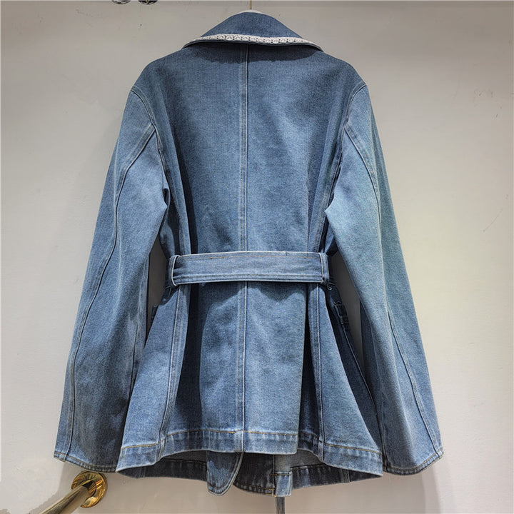 belted denim trench-style jacket with lace trim – ARIA