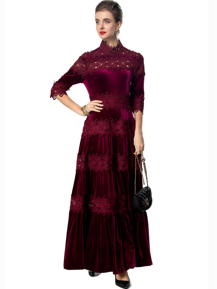 velvet maxi dress with lace panels and high neck – RUBINA