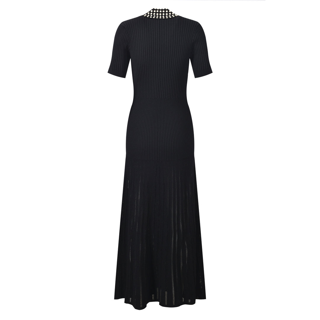 Button-Front Ribbed Knit Maxi Dress with Studded Collar – ÉCLAT