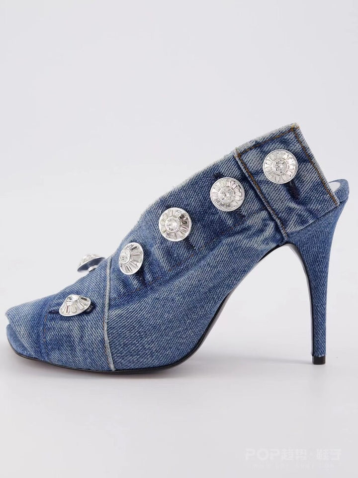 denim slingback heels with crystal buttons – VIVIEN