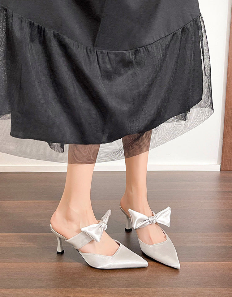 satin pointed-toe mules with bow strap - SOFIA