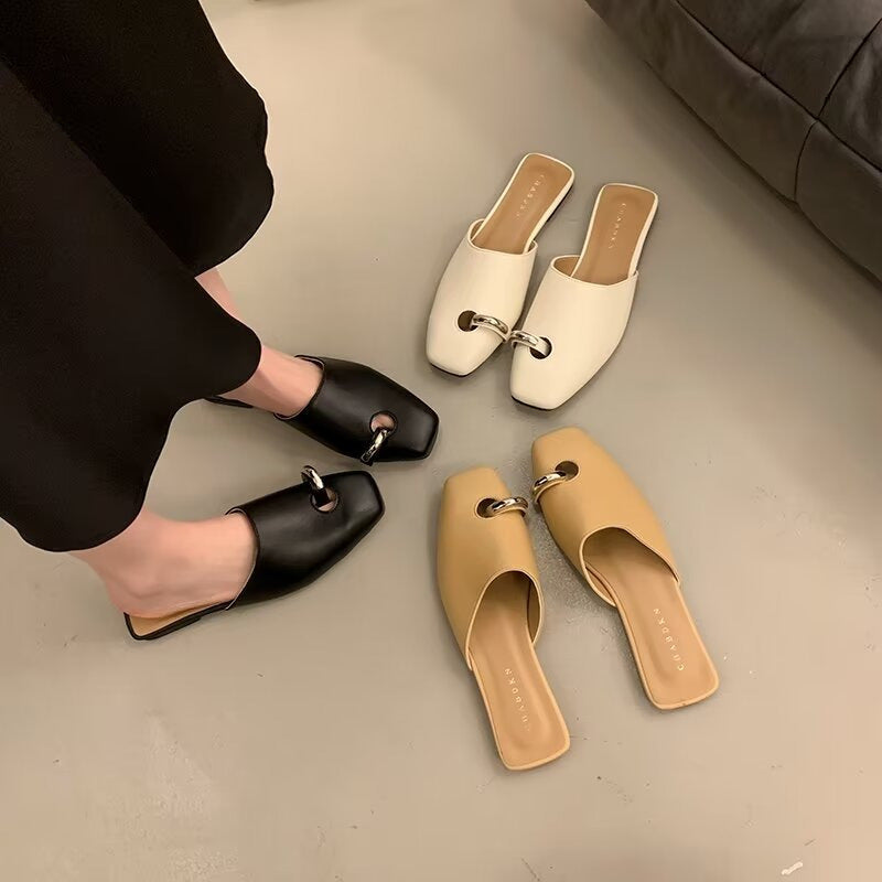 tan leather mules with silver ring detail – CELENA